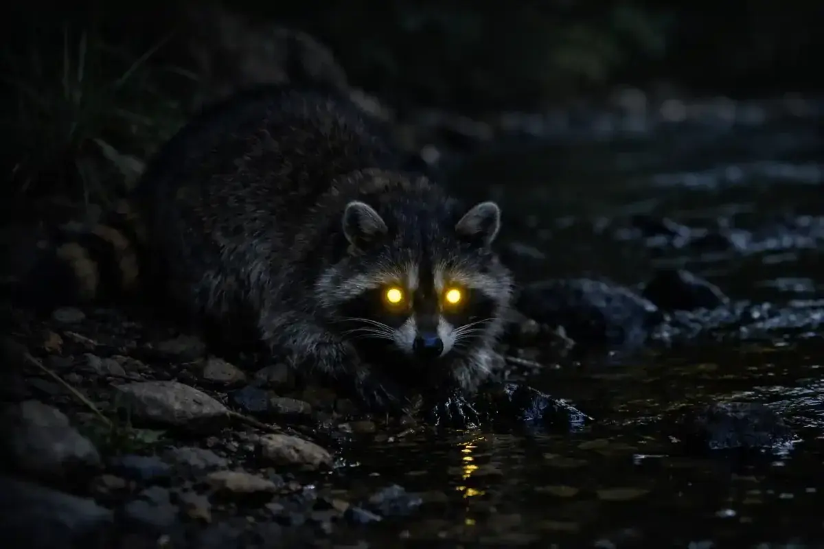 Nocturnal raccoon exploring its surroundings in the dark