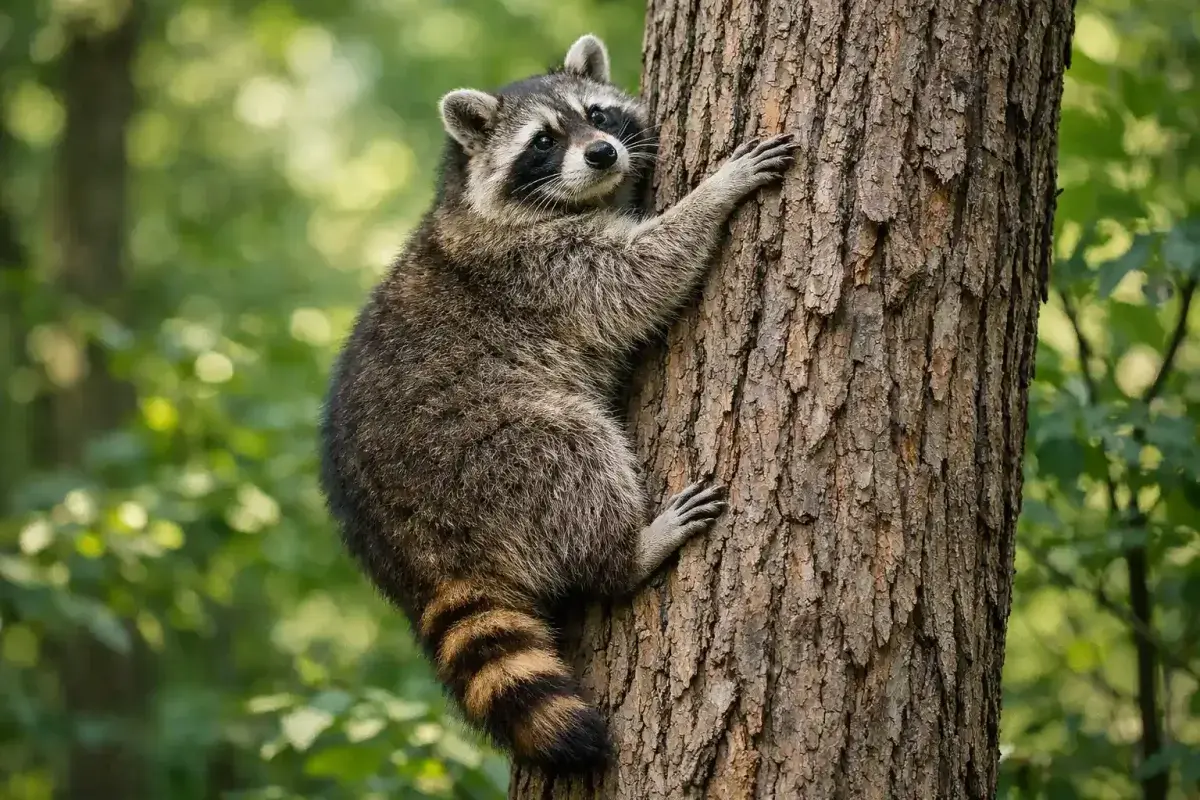 Raccoon climbing a tree using its sharp claws and flexible limbs