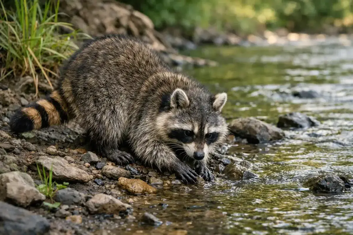 Raccoon foraging for food along a riverbank