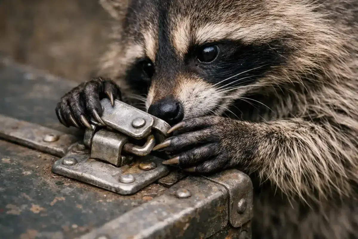 Intelligent raccoon solving a problem to access food
