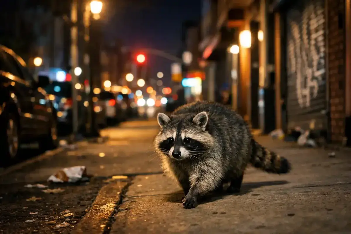Raccoon successfully navigating a city environment at night