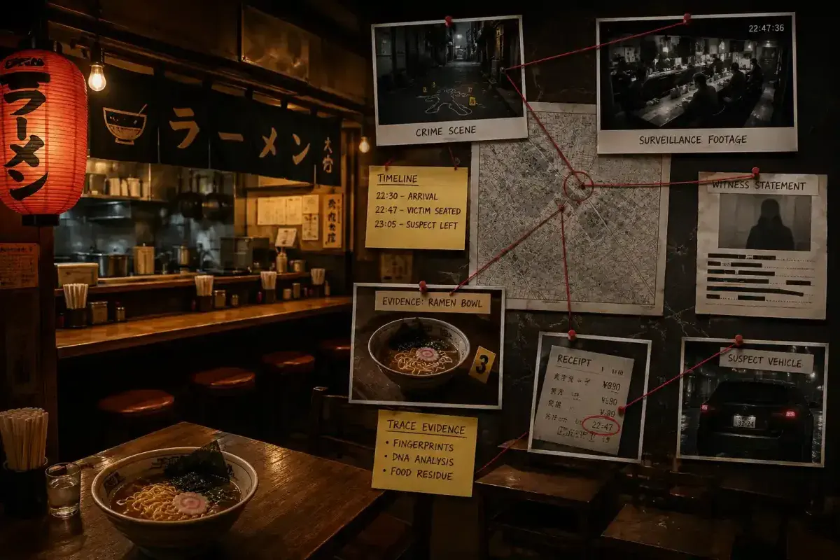 Ramen restaurant environment connected to forensic investigation context