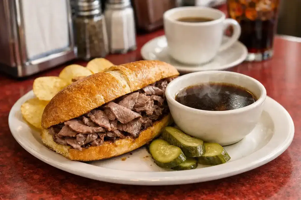 Classic Los Angeles French dip sandwich with dipping broth