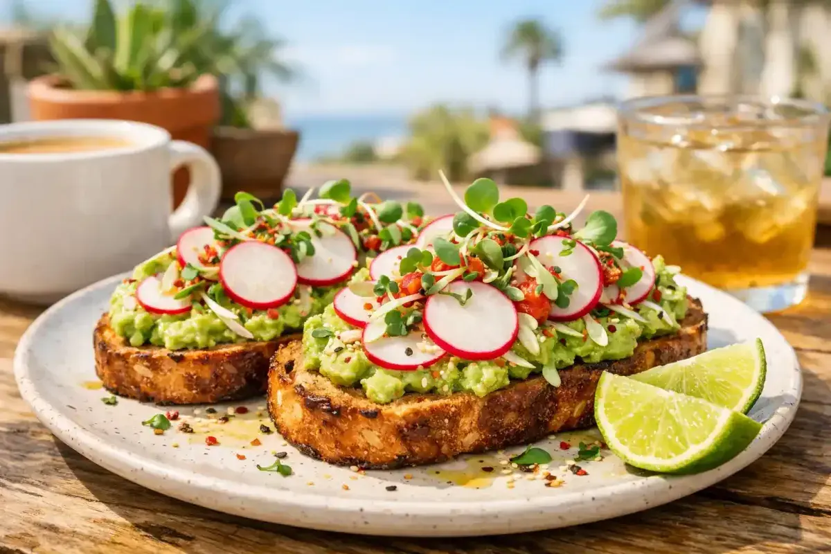 California style avocado toast with fresh local toppings