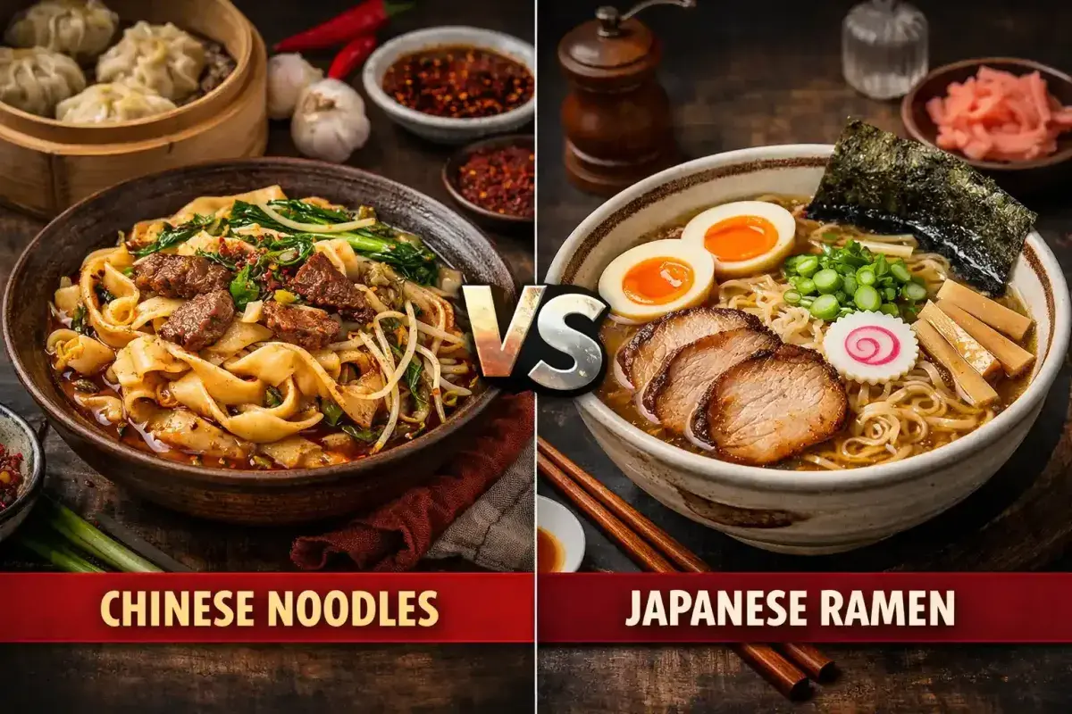 Chinese noodle making beside traditional Japanese ramen preparation