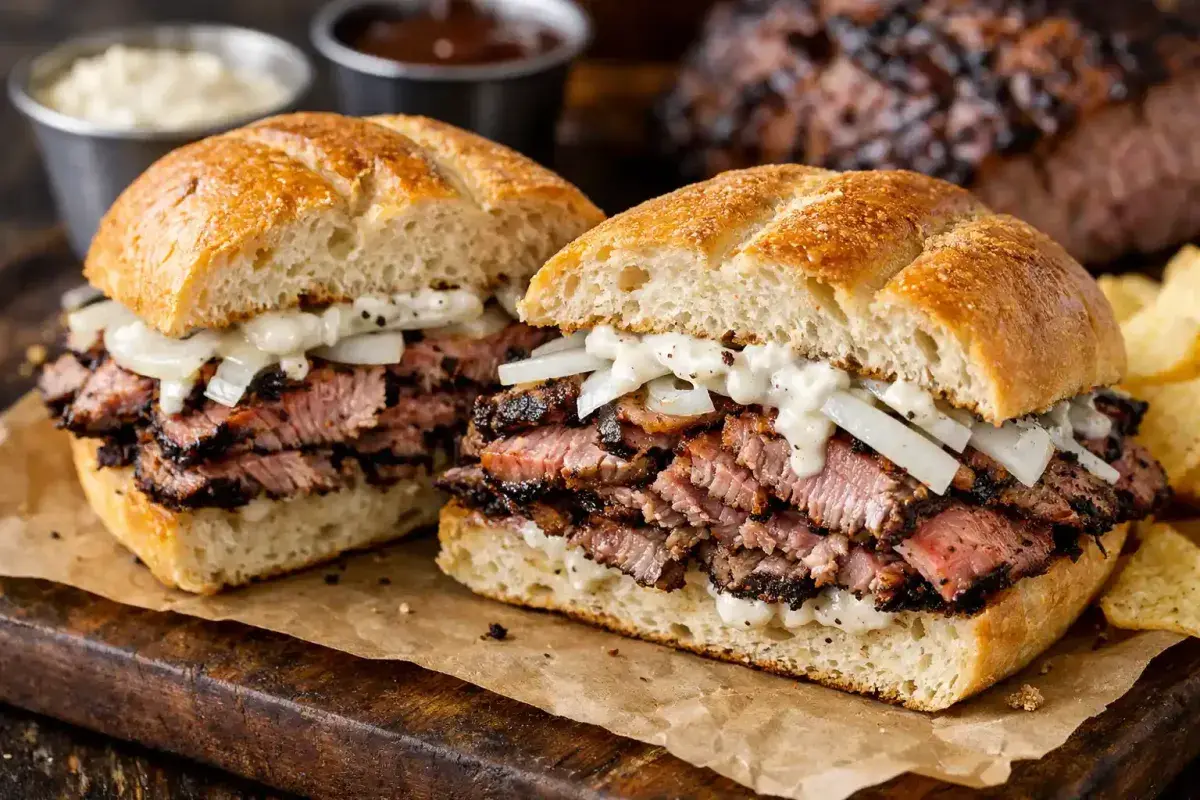 Sliced Baltimore Style Pit Beef sandwich with onions and horseradish on roll