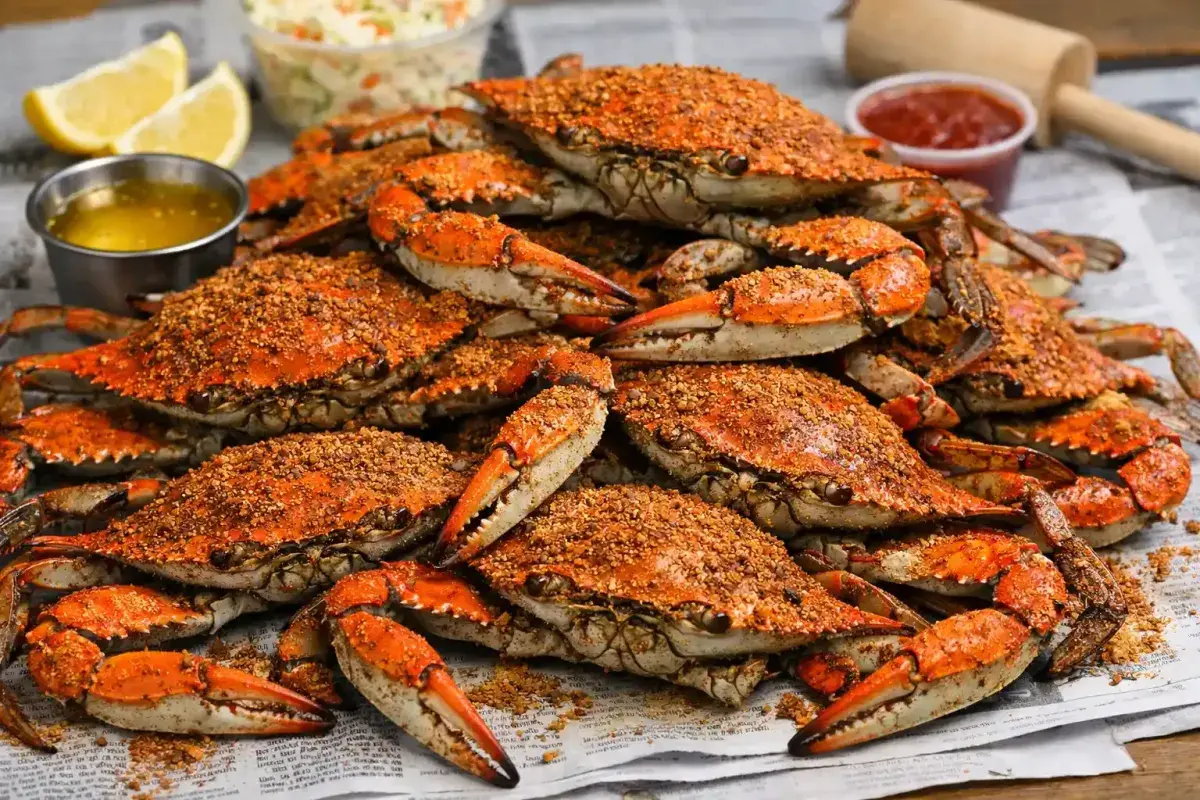 Steamed blue crabs covered in seasoning on a newspaper lined table