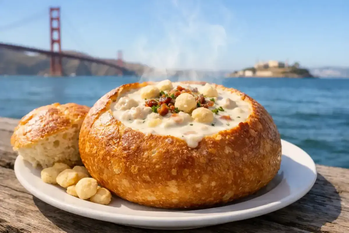San Francisco sourdough bread bowl filled with creamy clam chowder
