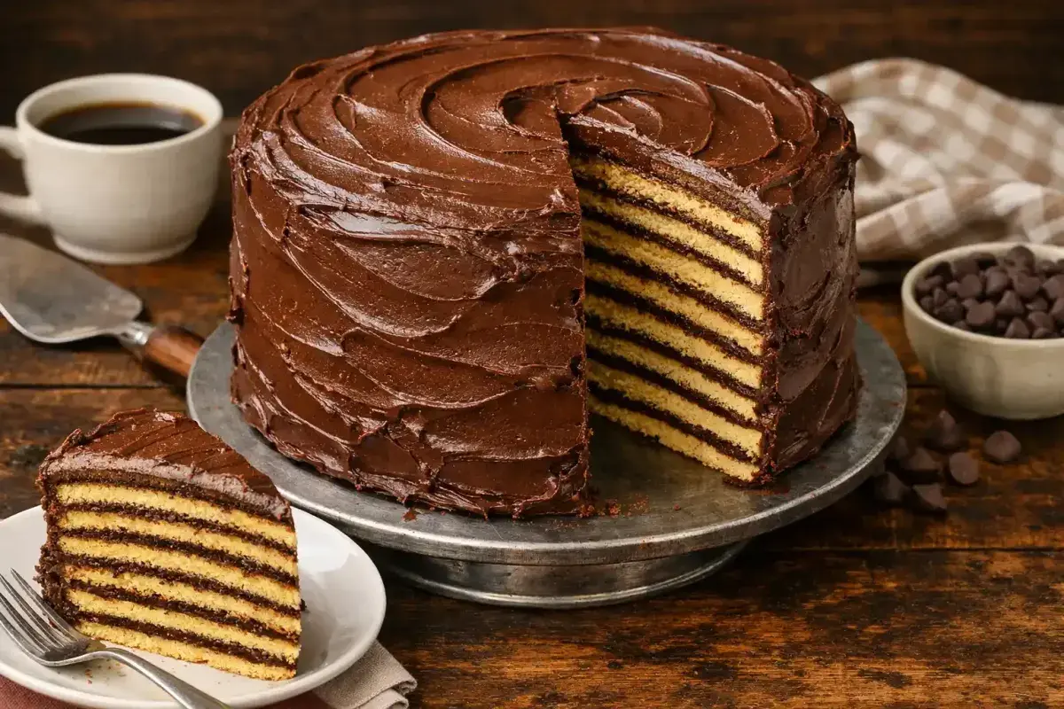 Tall layered Smith Island cake with chocolate frosting