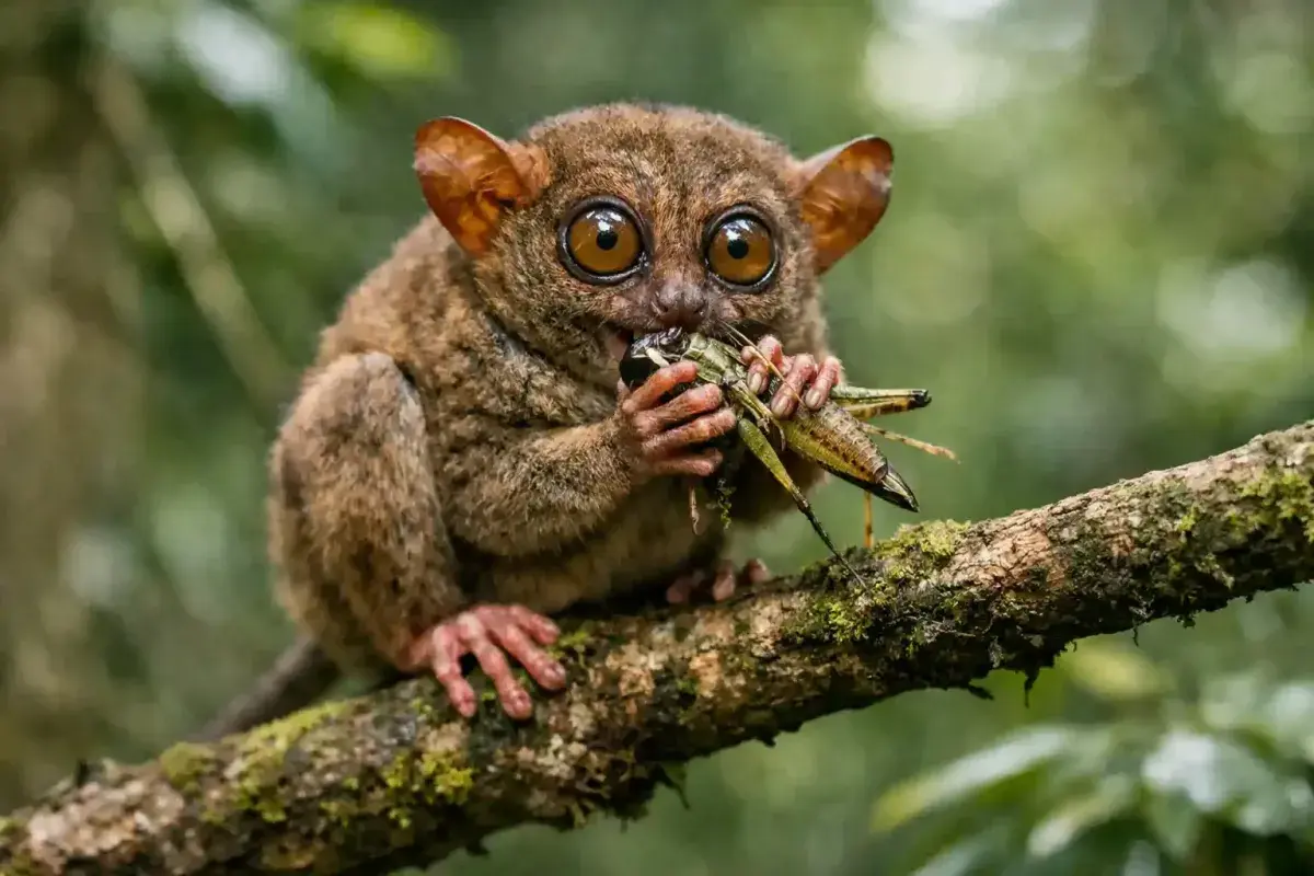 Carnivorous tarsier eating an insect