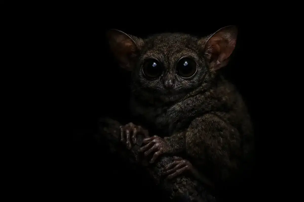 Nocturnal tarsier listening carefully in rainforest silence