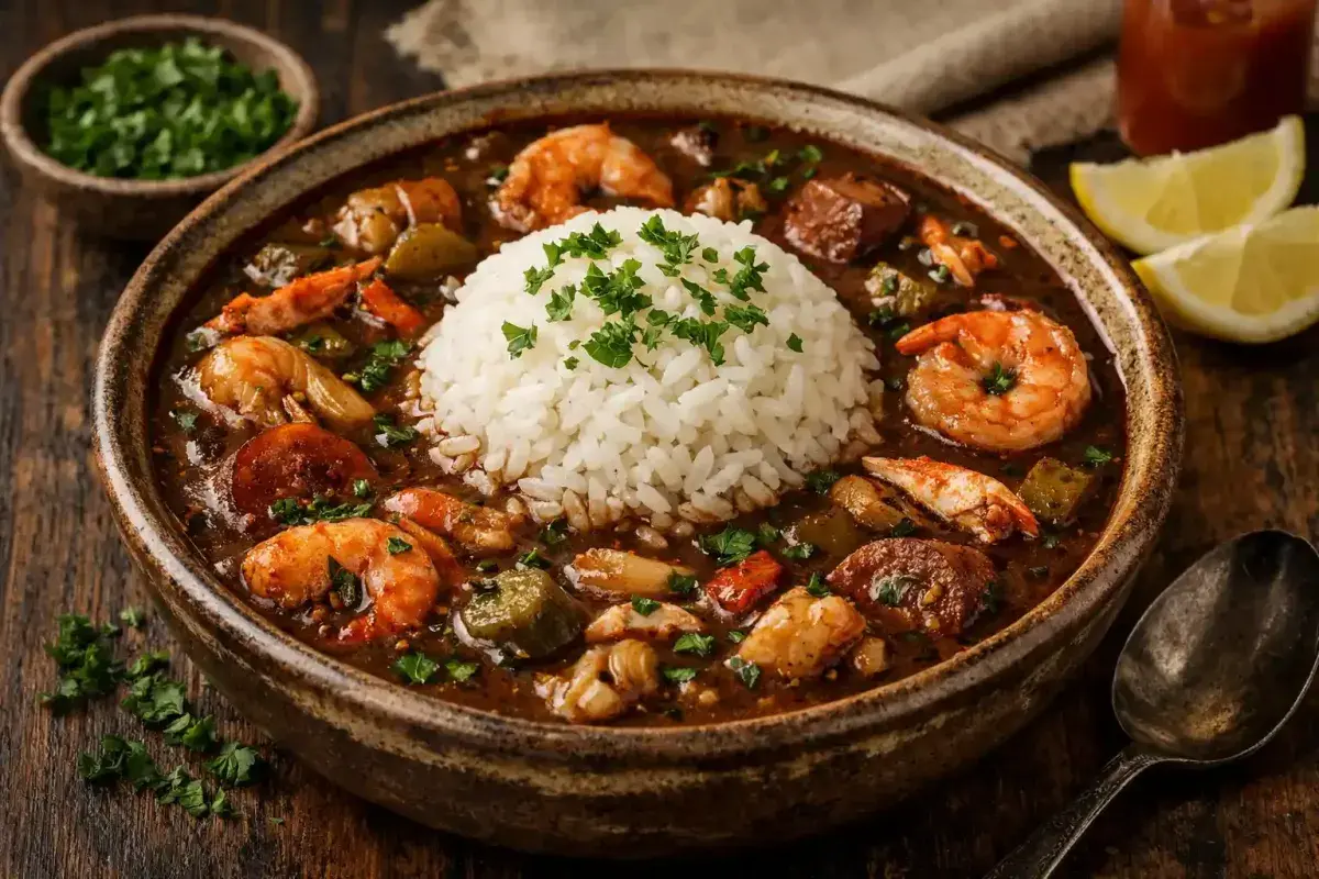Traditional Louisiana seafood gumbo served with white rice