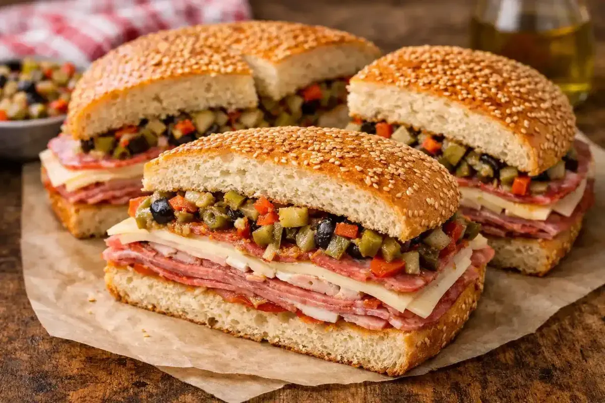 Traditional New Orleans muffuletta sandwich with olive salad
