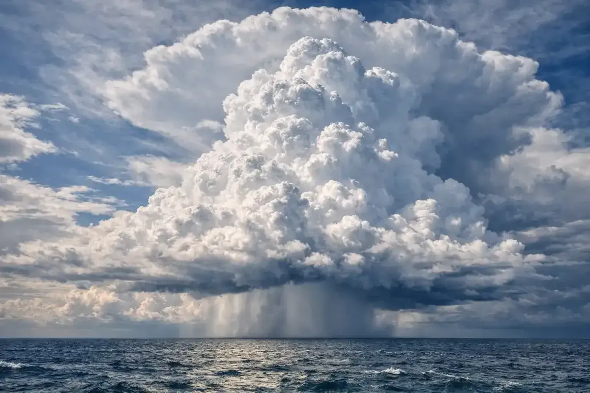 A dramatic view of towering storm clouds rising high into the atmosphere above the ocean