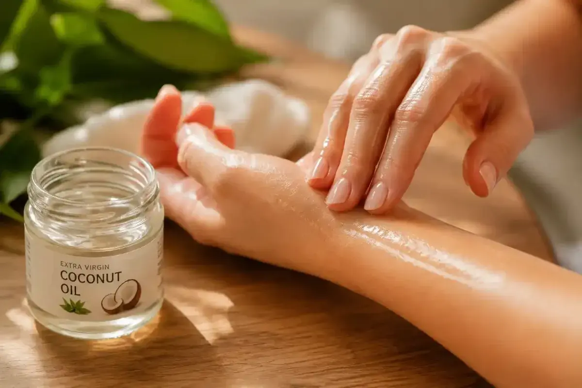 Applying coconut oil to skin for hydration and protection