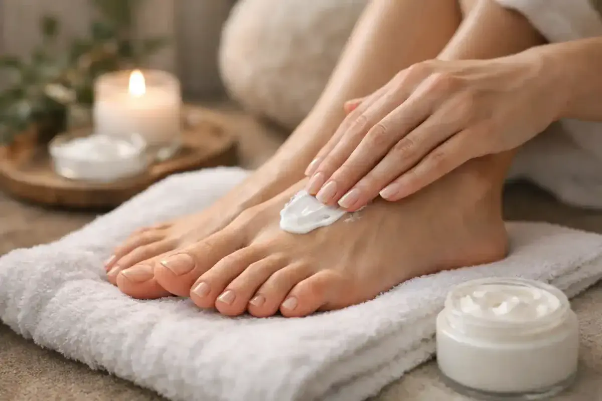 Applying moisturizing cream to healthy feet