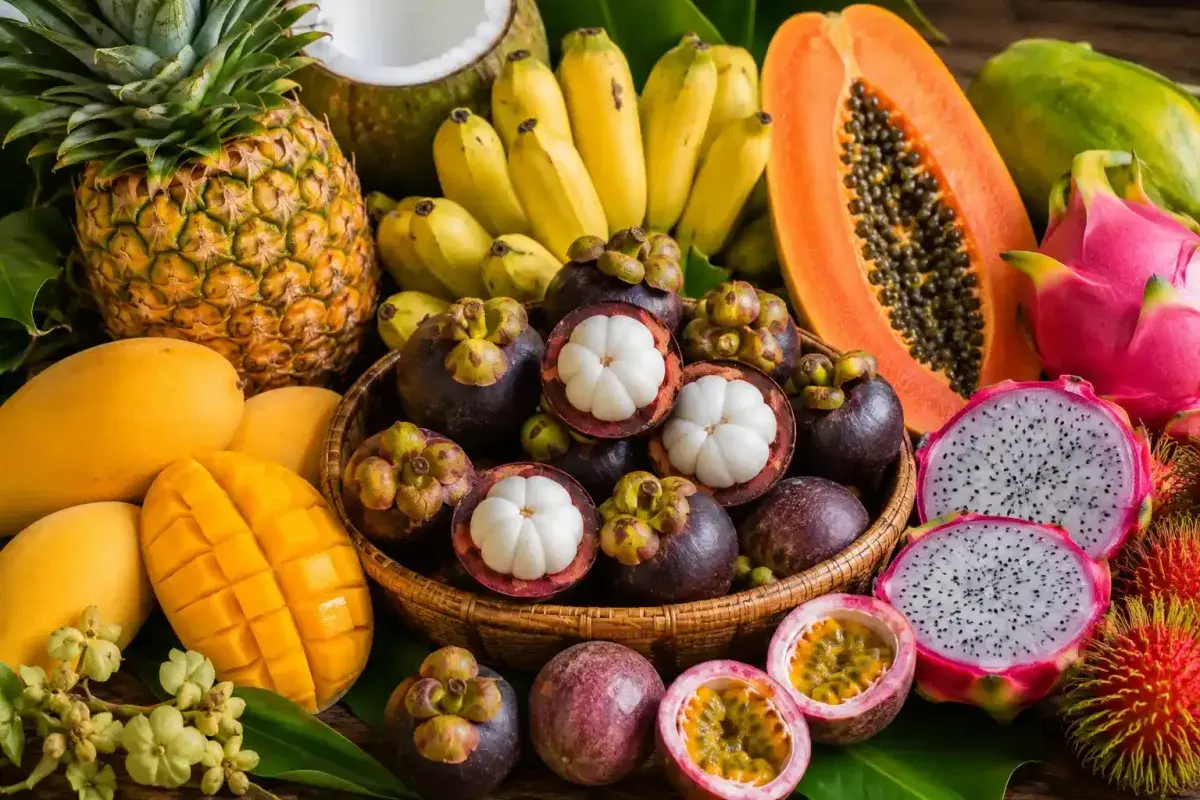 Assortment of Colorful Tropical Fruits Including Mangosteen