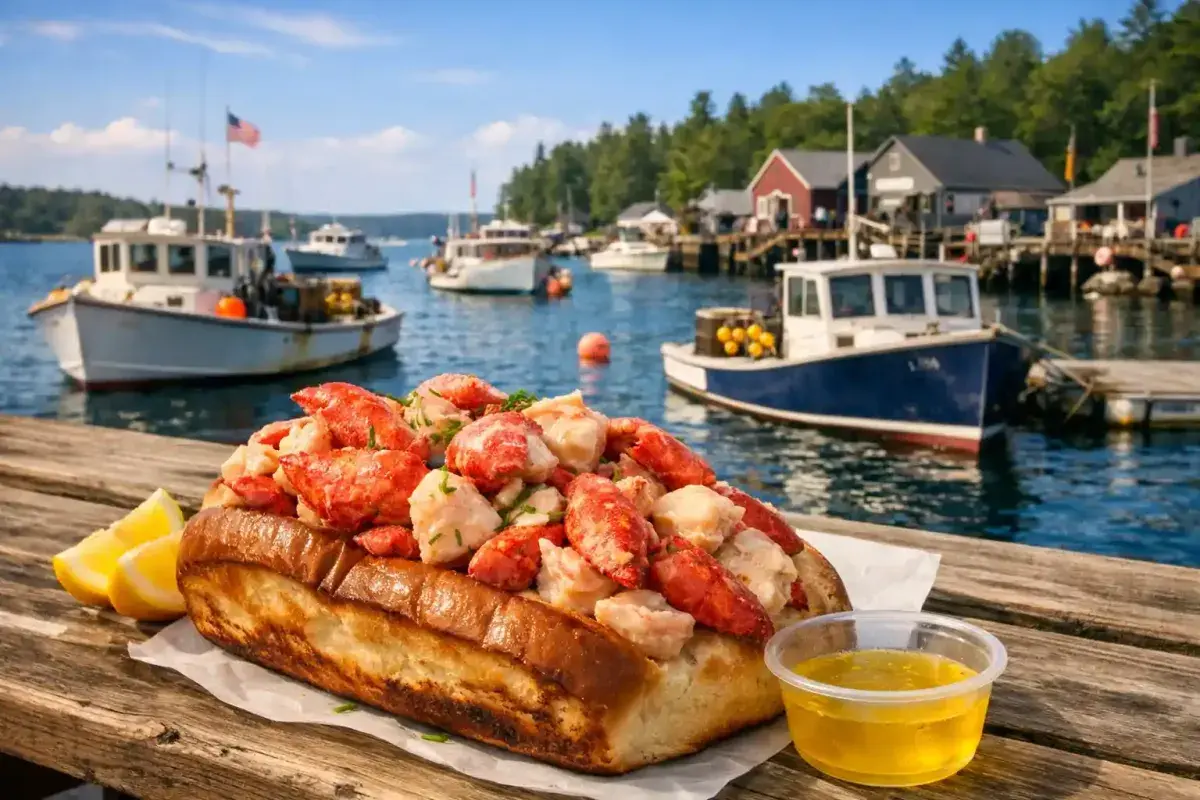Authentic Maine lobster roll served by the harbor