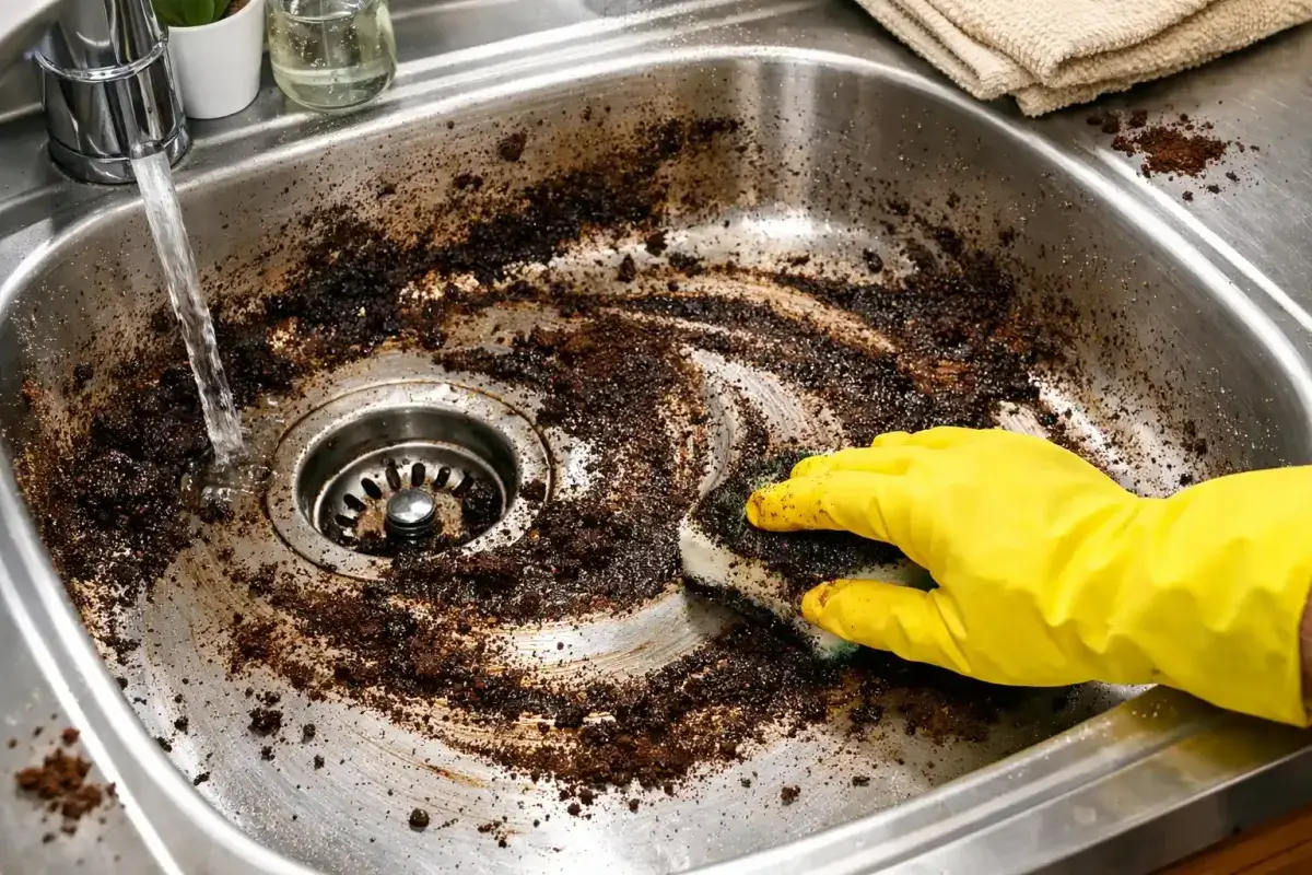 Cleaning a Sink with Used Coffee Grounds