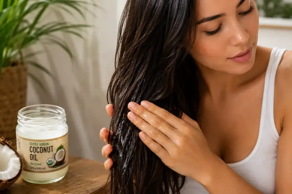 Coconut oil applied to hair for strength and shine