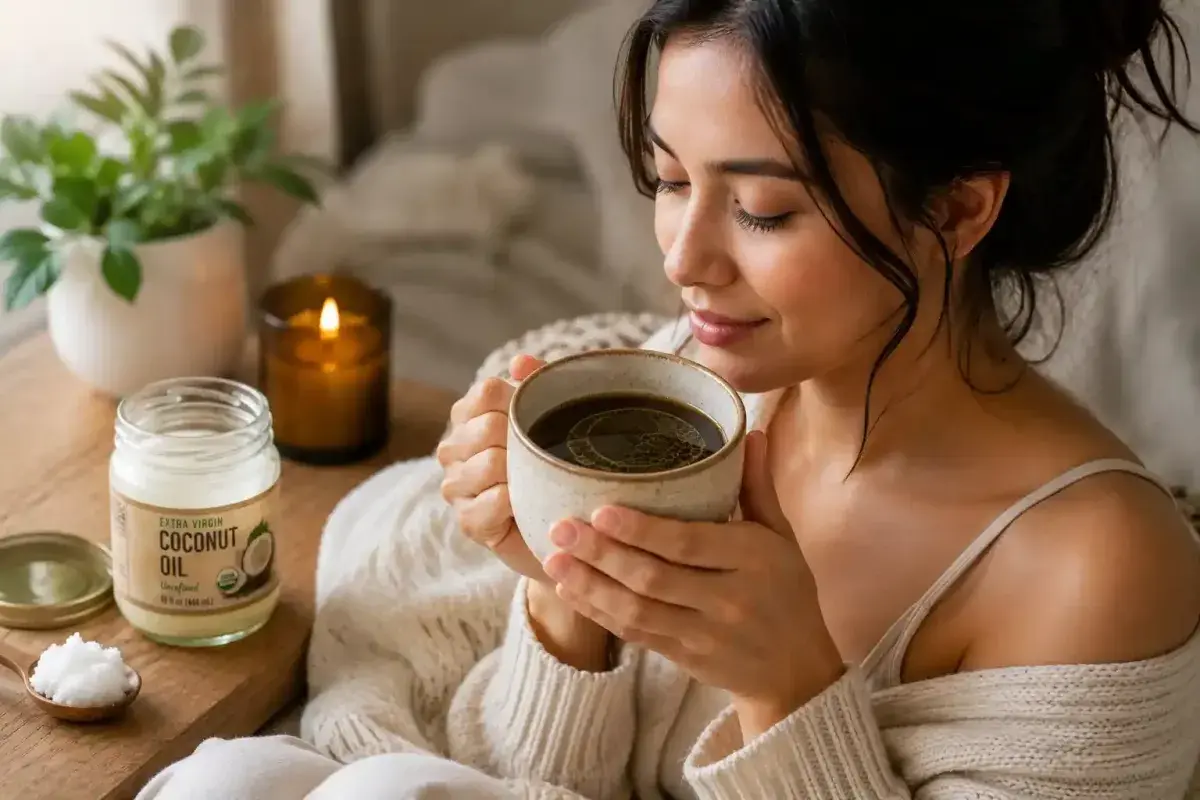 Coconut oil in a warm drink supporting digestive comfort