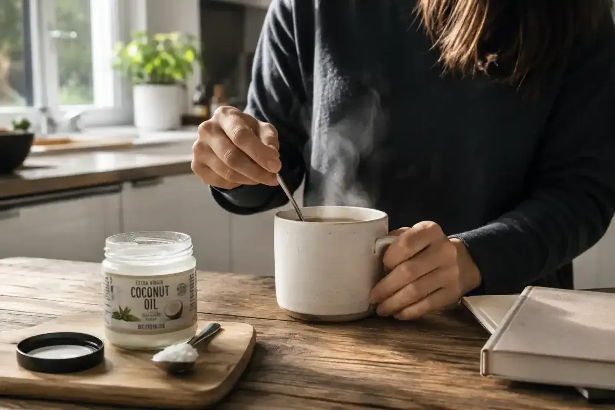 Coconut oil melting into a warm drink in a home kitchen