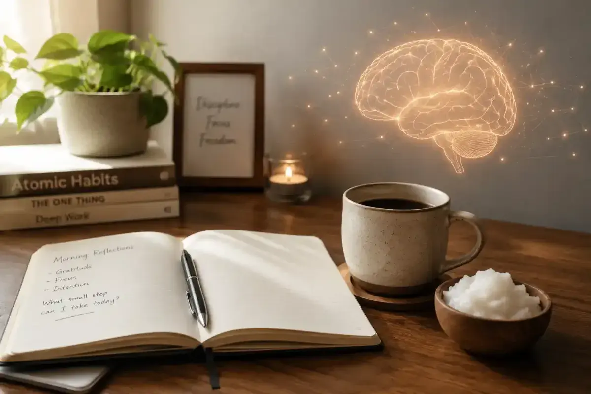 Coconut oil with coffee and notebook representing mental clarity