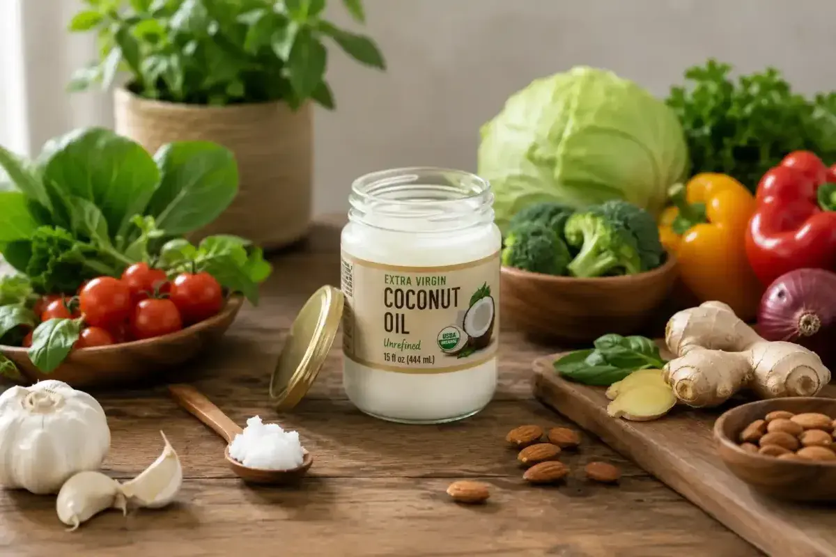 Coconut oil with fresh ingredients representing reduced inflammation