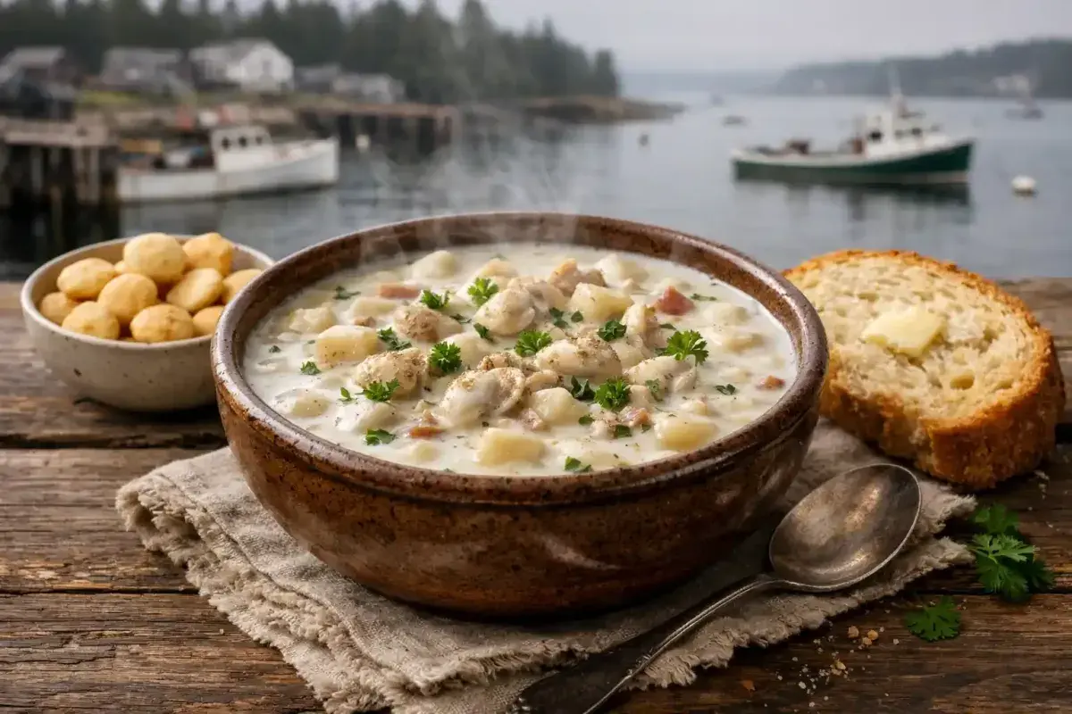 Creamy authentic Maine clam chowder by the harbor