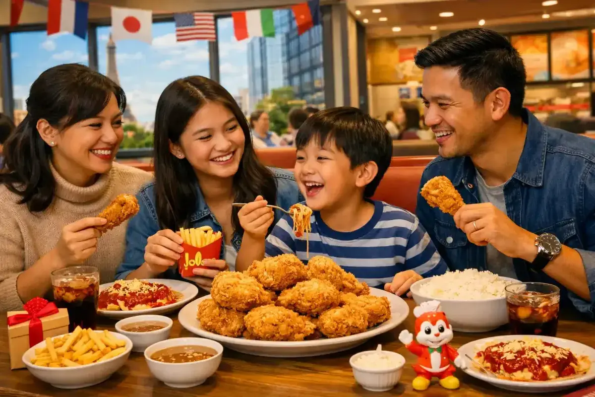 Overseas Filipino family sharing a meal at Jollibee