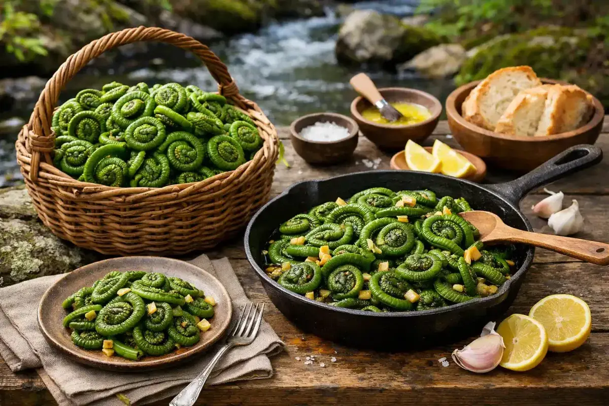 Fresh Maine fiddleheads harvested during spring