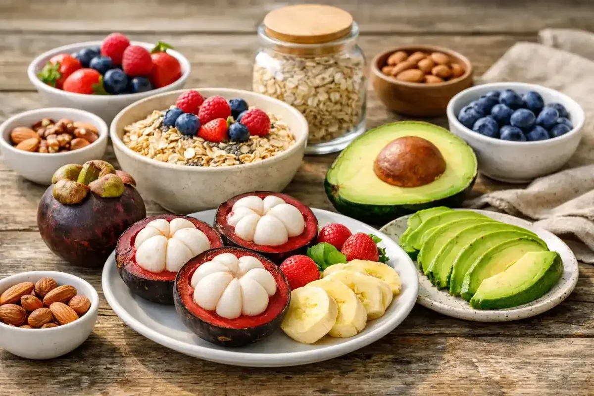 Fresh Mangosteen and Heart Healthy Foods on a Wooden Table