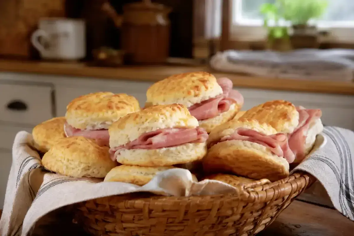 Fresh Virginia Ham Biscuits Served on a Farmhouse Table