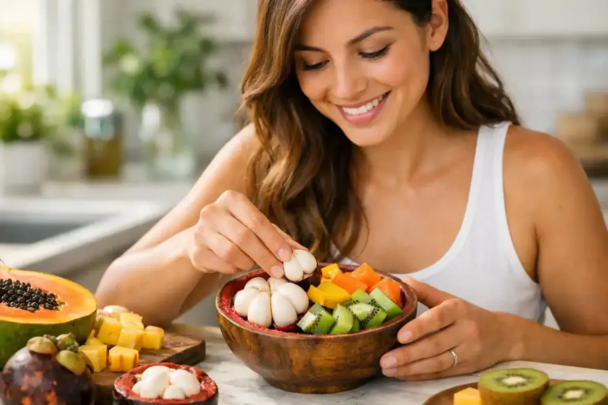 Healthy Woman Preparing a Bowl of Fresh Mangosteen and Tropical Fruits