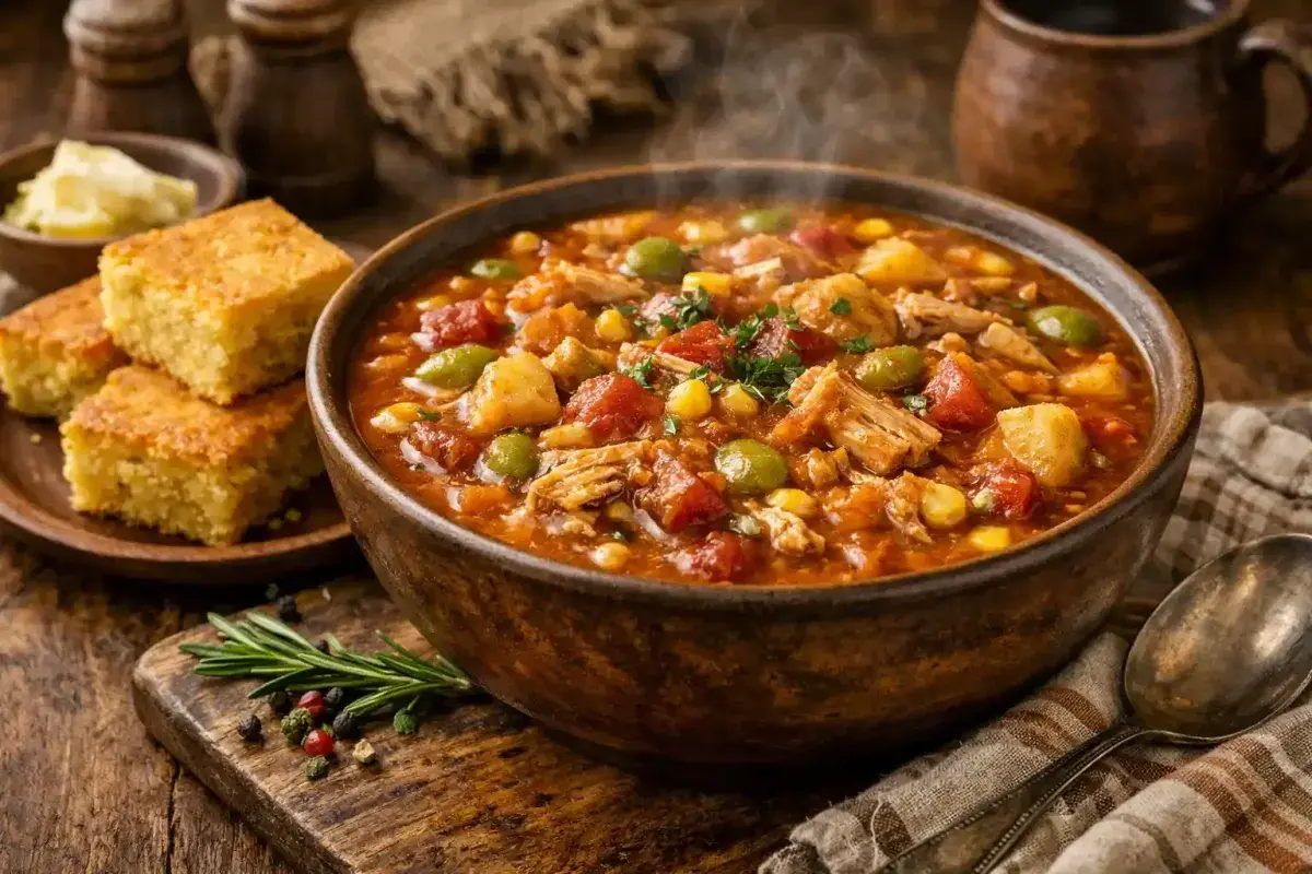 Hearty Bowl of Virginia Brunswick Stew with Corn and Vegetables