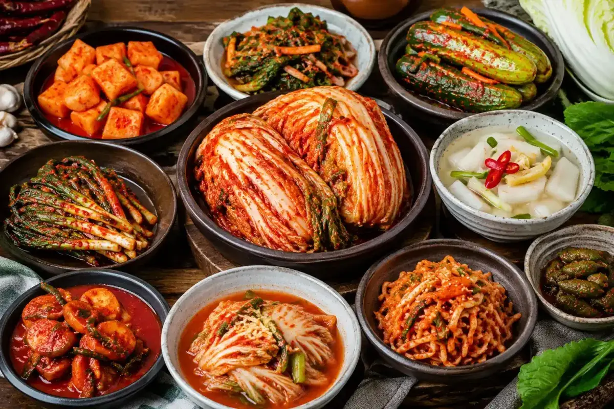 Various Types of Traditional Korean Kimchi Displayed Together