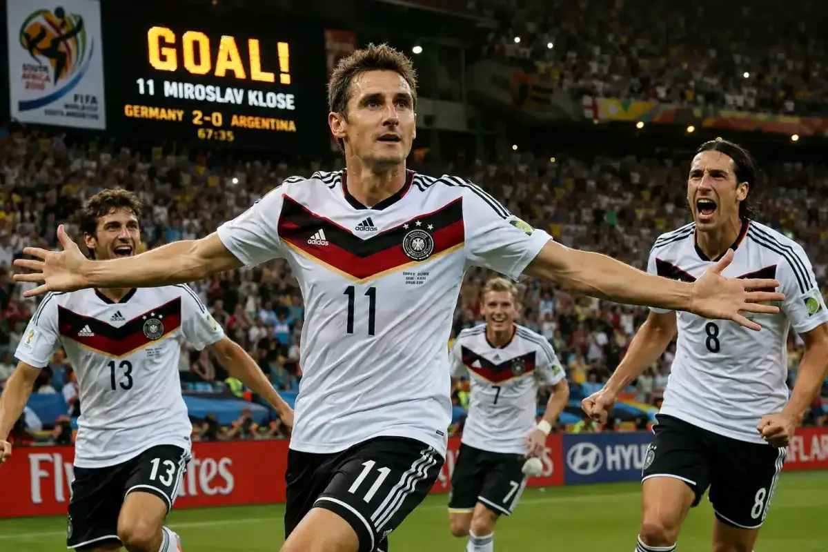 Miroslav Klose celebrating a World Cup goal for Germany