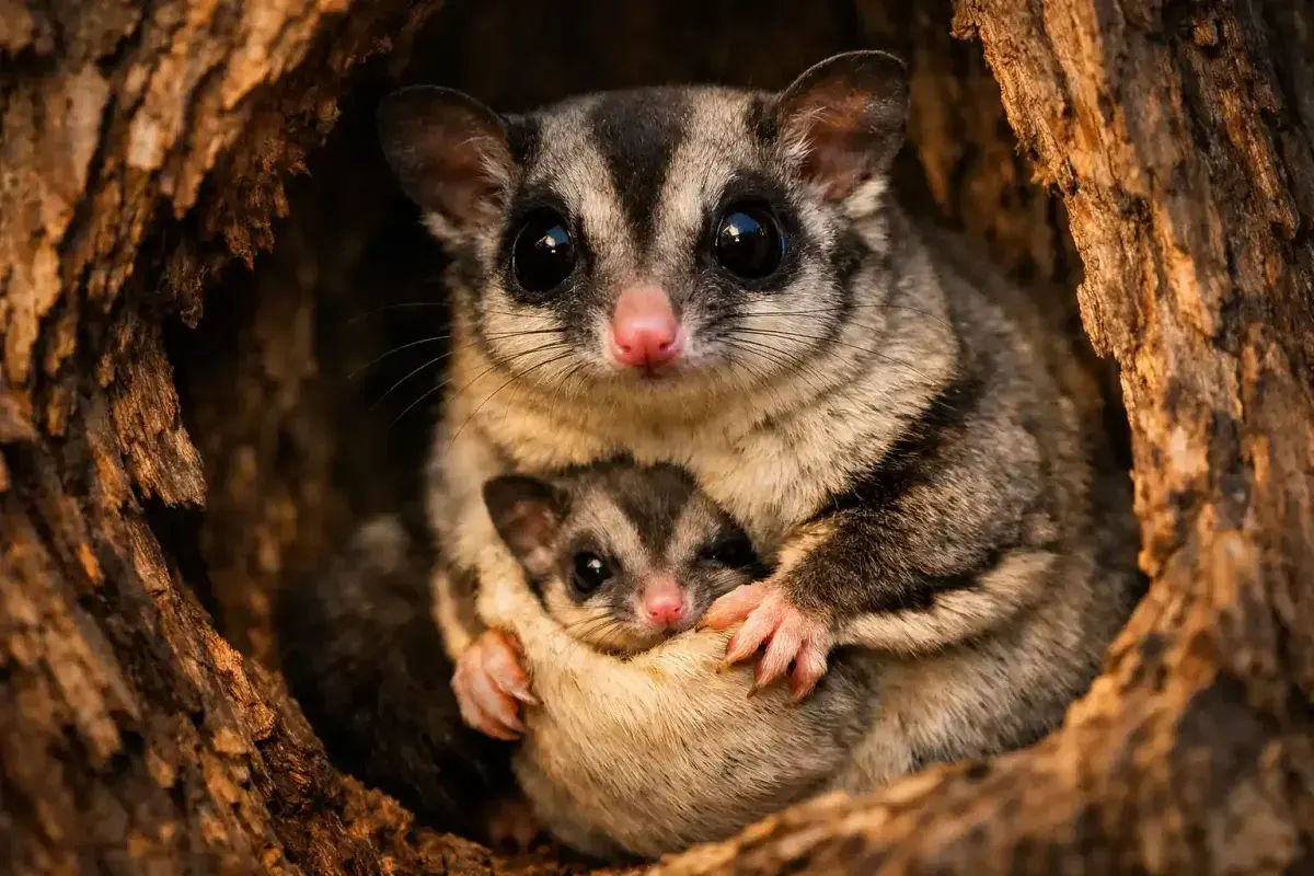 Mother Sugar Glider Caring For Her Baby
