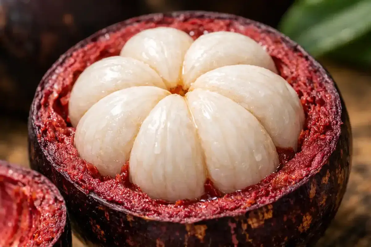 Open Mangosteen Fruit Showing Bright White Segments and Fresh Purple Rind