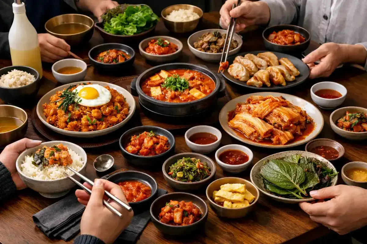 People Sharing Korean Kimchi During a Family Meal