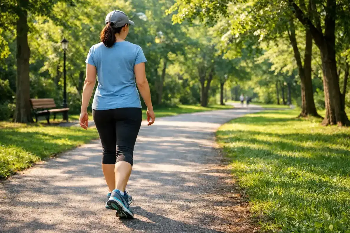 Person enjoying a healthy walk in a sunny park