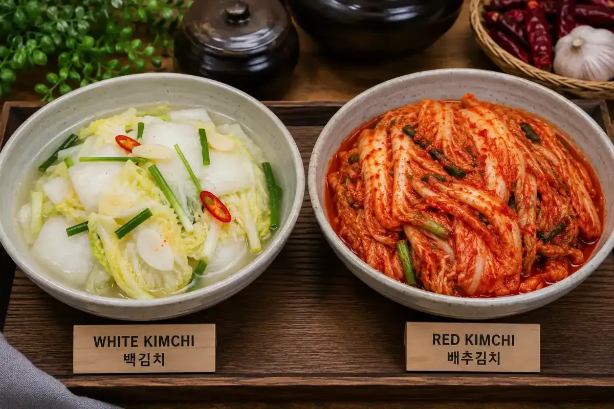 White Kimchi and Red Kimchi Showing Different Traditional Styles