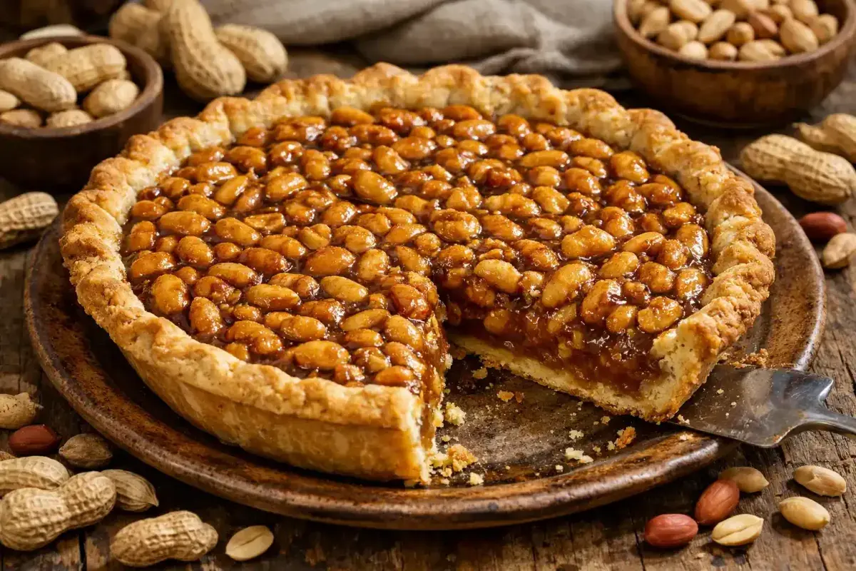 Slice of Virginia Peanut Pie Served on a Rustic Plate