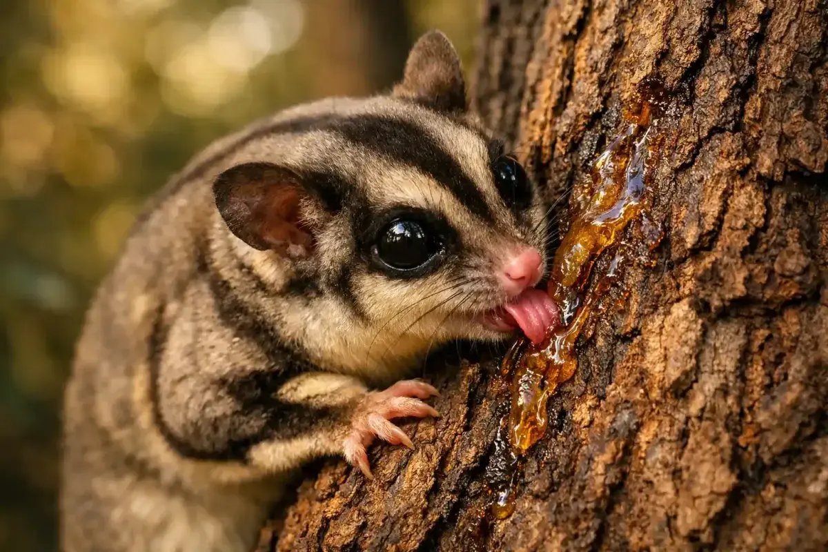 Sugar Glider Feeding On Tree Sap