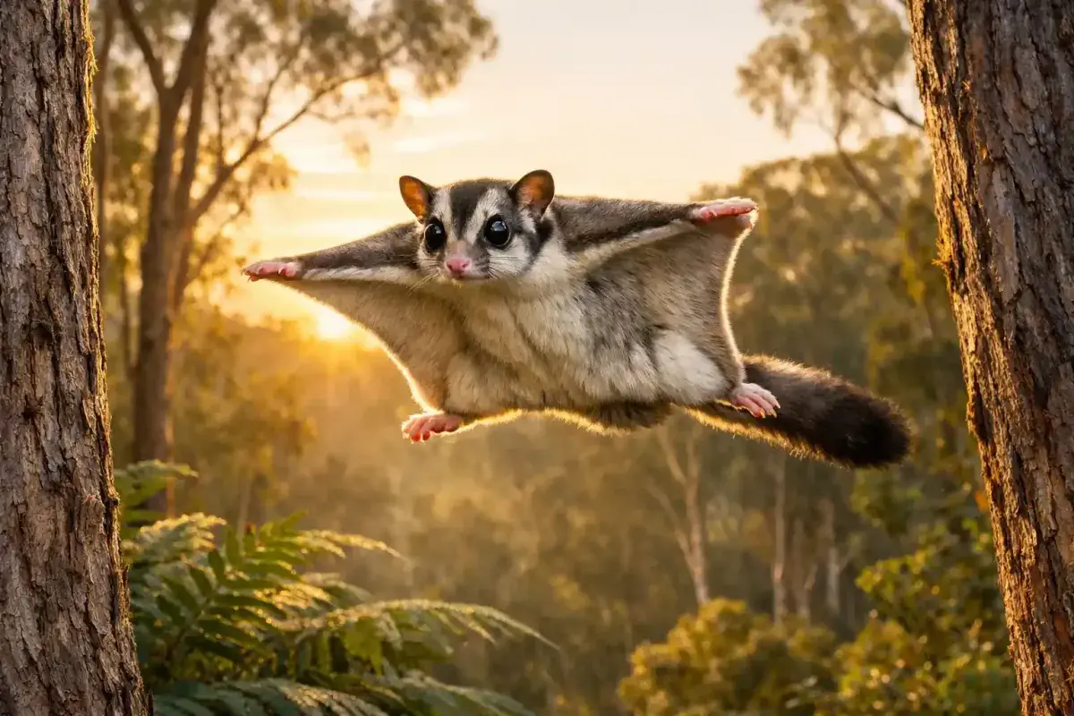Sugar Glider Gliding Through Forest Canopy