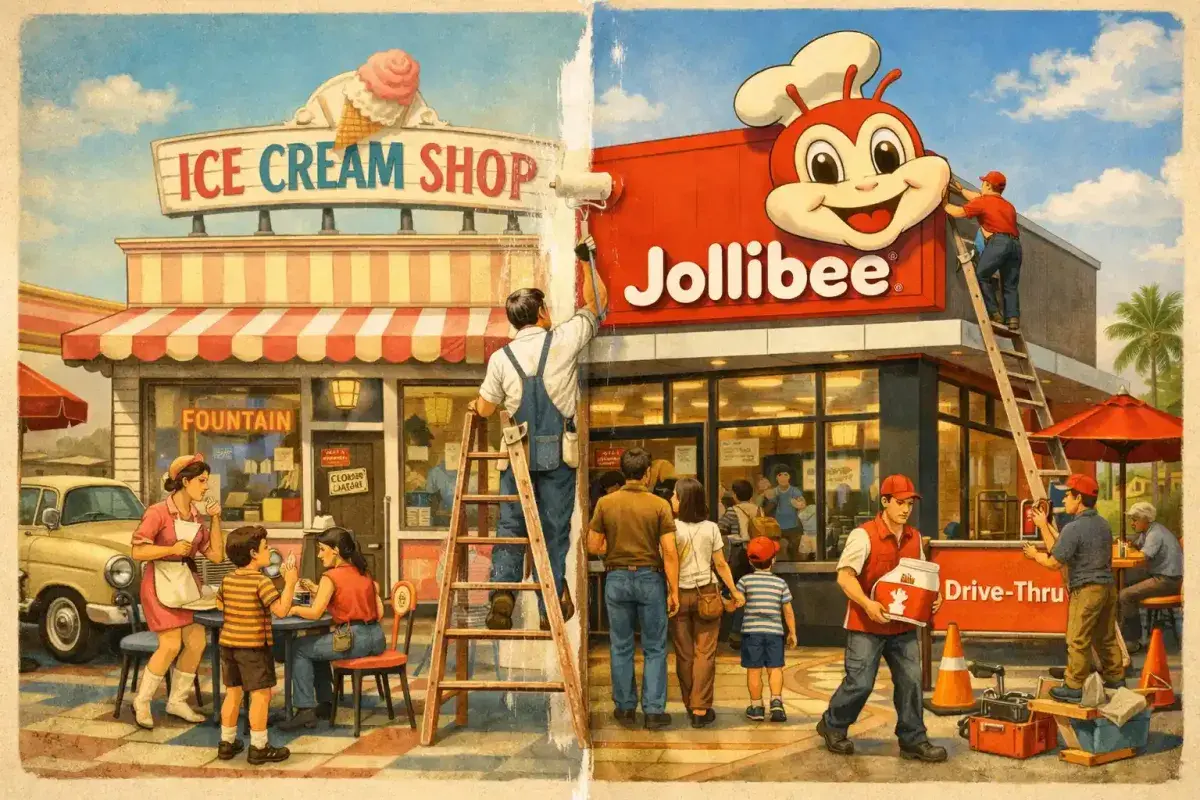 The transformation from ice cream shop to Jollibee restaurant
