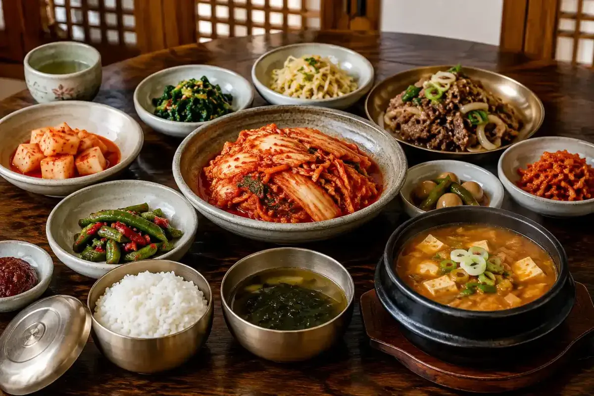 Traditional Korean dining table filled with rice, soup, side dishes, and kimchi served at the center