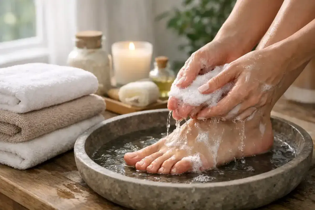 Washing feet with warm water during a daily hygiene routine