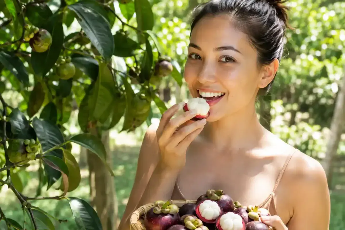 Woman Enjoying Fresh Mangosteen Outdoors in Natural Sunlight