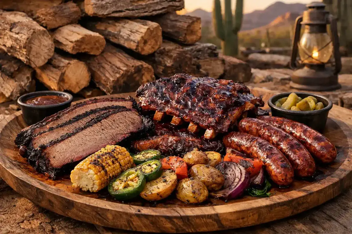 Arizona mesquite smoked barbecue with brisket, ribs, and grilled meats cooked over mesquite wood